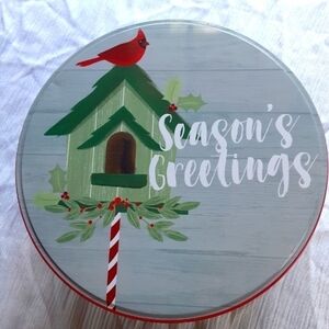 Seasons Greetings,  Cardinals Birdhouse Tin.